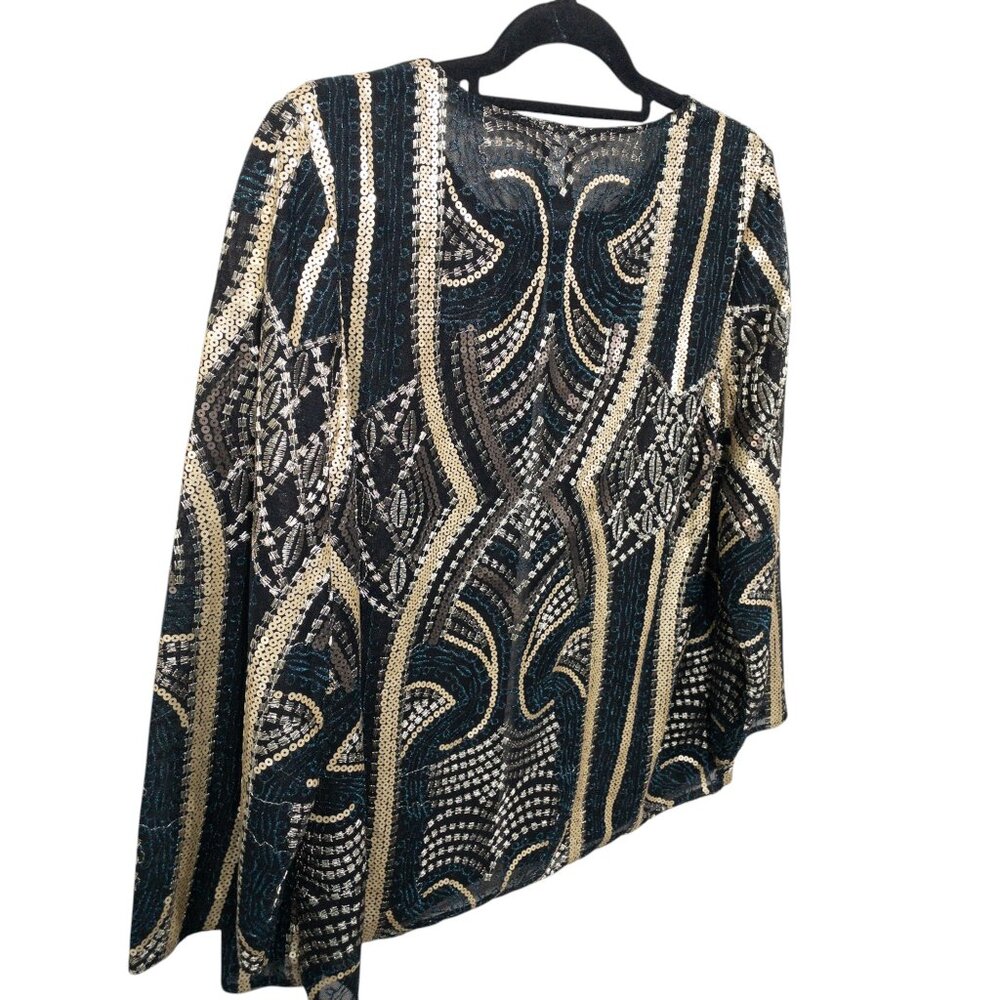 Chico's Sheer Open Jacket Travelers Collection Gold Black Geometric SZ L Sequin - Picture 2 of 11